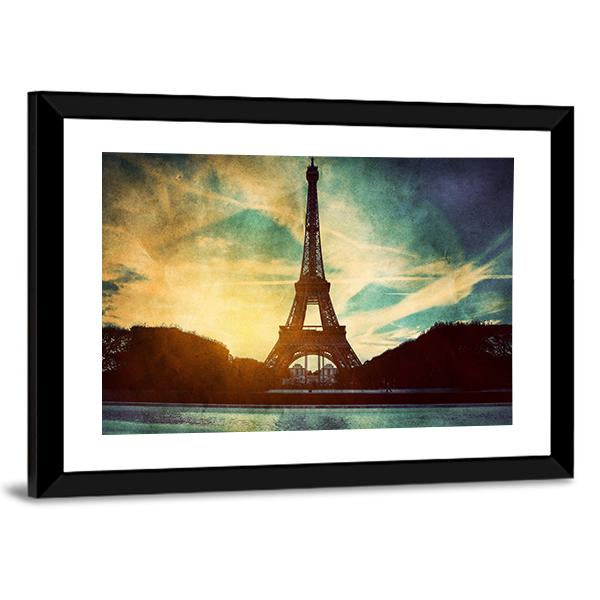 Vintage Retro Style Of Eiffel Tower Paris France Canvas Wall Art-3 Horizontal-Gallery Wrap-25" x 16"-Tiaracle