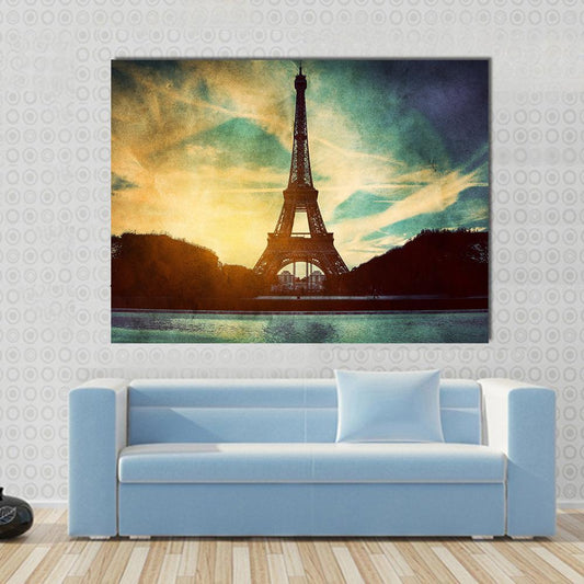 Vintage Retro Style Of Eiffel Tower Paris France Canvas Wall Art-1 Piece-Gallery Wrap-48" x 32"-Tiaracle