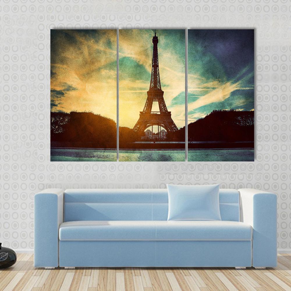Vintage Retro Style Of Eiffel Tower Paris France Canvas Wall Art-3 Horizontal-Gallery Wrap-37" x 24"-Tiaracle