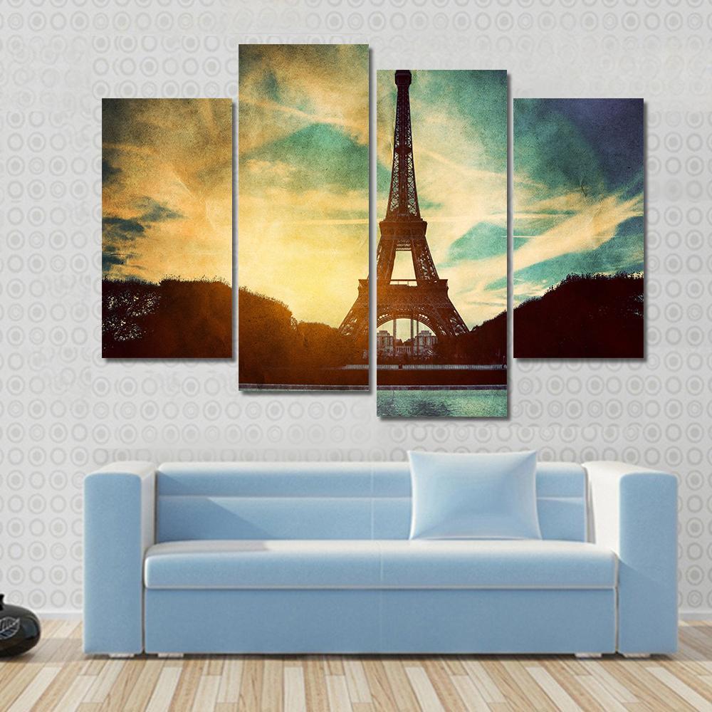 Vintage Retro Style Of Eiffel Tower Paris France Canvas Wall Art-4 Pop-Gallery Wrap-50" x 32"-Tiaracle