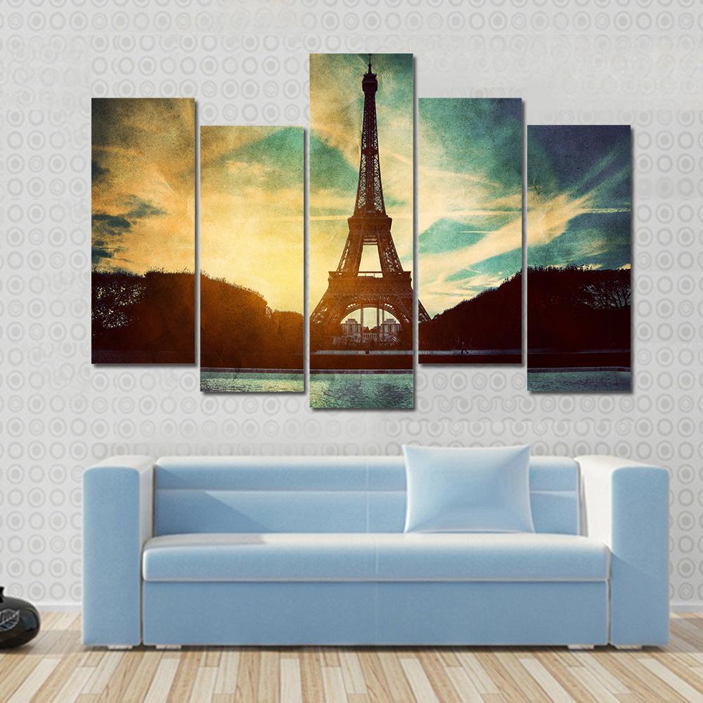 Vintage Retro Style Of Eiffel Tower Paris France Canvas Wall Art-5 Pop-Gallery Wrap-47" x 32"-Tiaracle