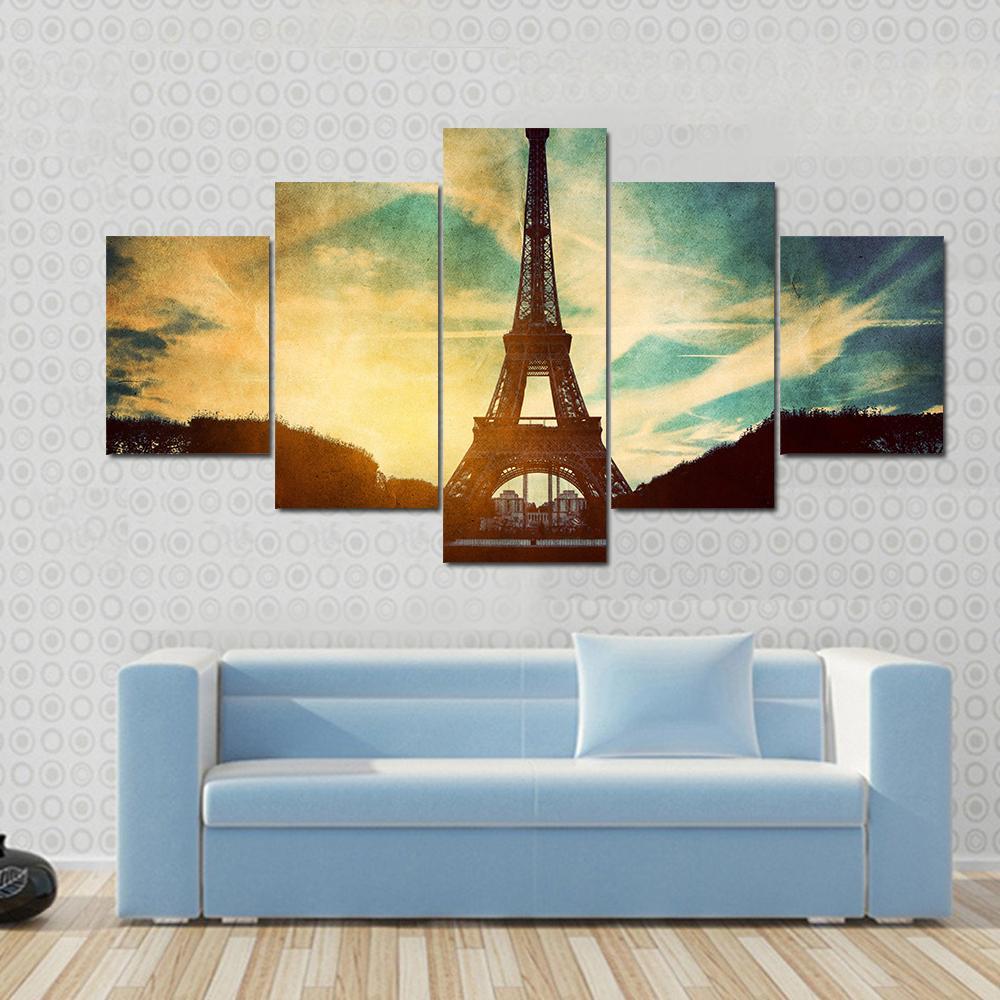 Vintage Retro Style Of Eiffel Tower Paris France Canvas Wall Art-5 Star-Gallery Wrap-62" x 32"-Tiaracle
