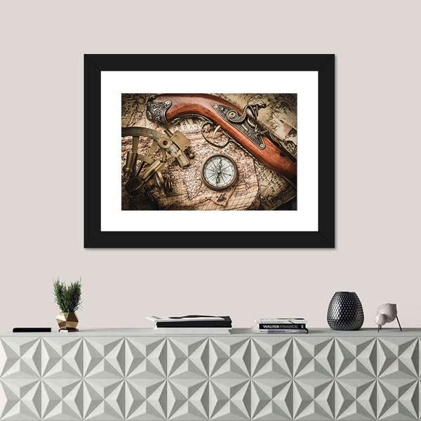 Vintage Still Life With Compass Sextant And Spyglass Canvas Wall Art-1 Piece-Framed Print-20" x 16"-Tiaracle