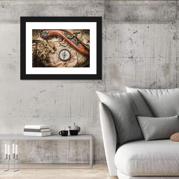 Vintage Still Life With Compass Sextant And Spyglass Canvas Wall Art-3 Horizontal-Gallery Wrap-25" x 16"-Tiaracle