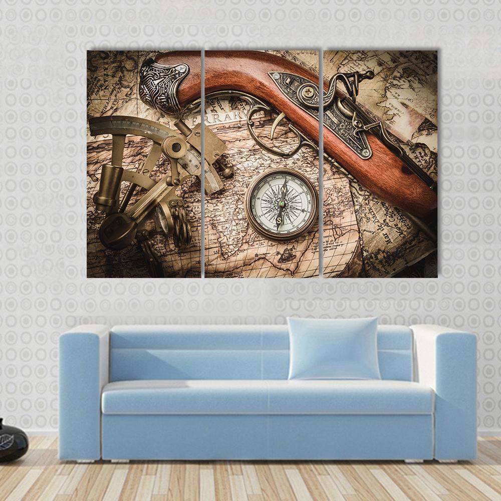 Vintage Still Life With Compass Sextant And Spyglass Canvas Wall Art-3 Horizontal-Gallery Wrap-37" x 24"-Tiaracle