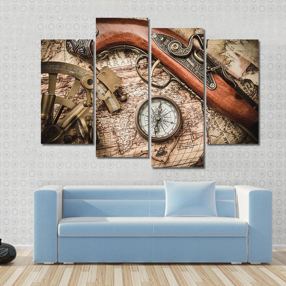 Vintage Still Life With Compass Sextant And Spyglass Canvas Wall Art-4 Pop-Gallery Wrap-50" x 32"-Tiaracle