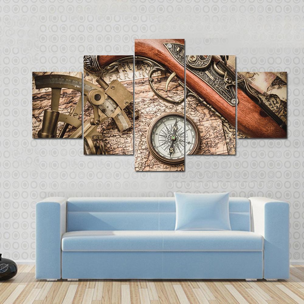 Vintage Still Life With Compass Sextant And Spyglass Canvas Wall Art-5 Star-Gallery Wrap-62" x 32"-Tiaracle