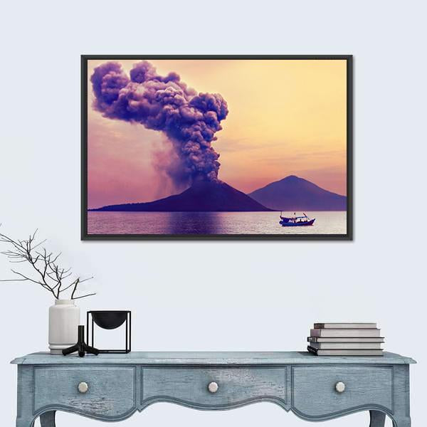 Volcano Eruption Anak Krakatau Indonesia Canvas Wall Art-1 Piece-Floating Frame-24" x 16"-Tiaracle