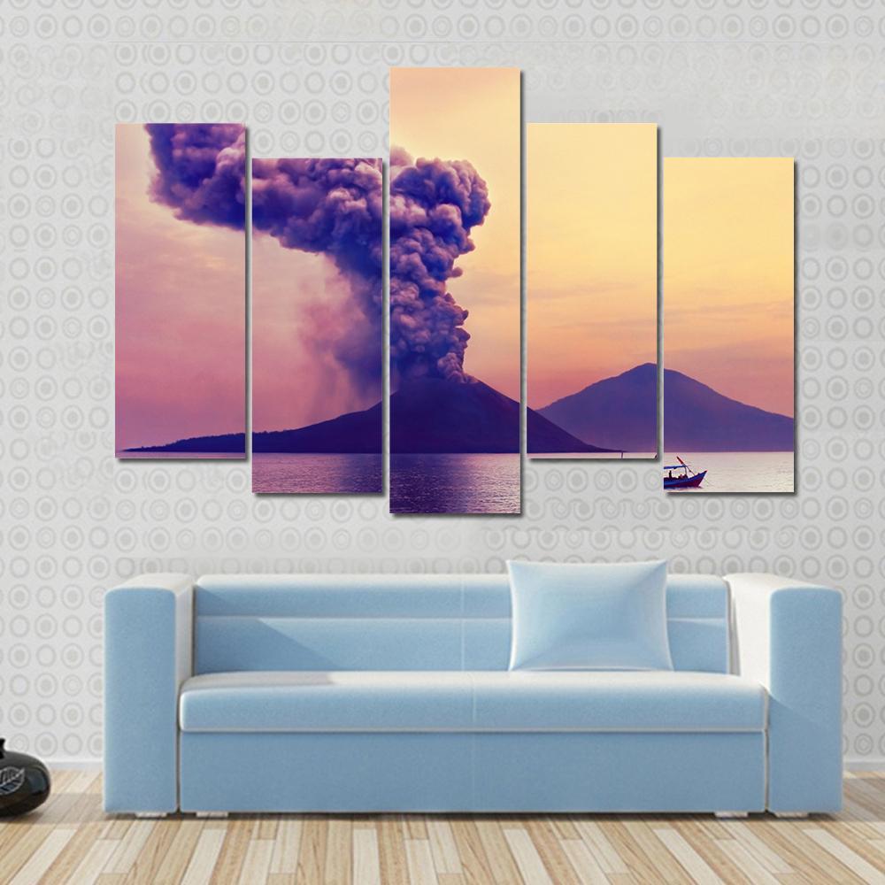 Volcano Eruption Anak Krakatau Indonesia Canvas Wall Art-5 Pop-Gallery Wrap-47" x 32"-Tiaracle