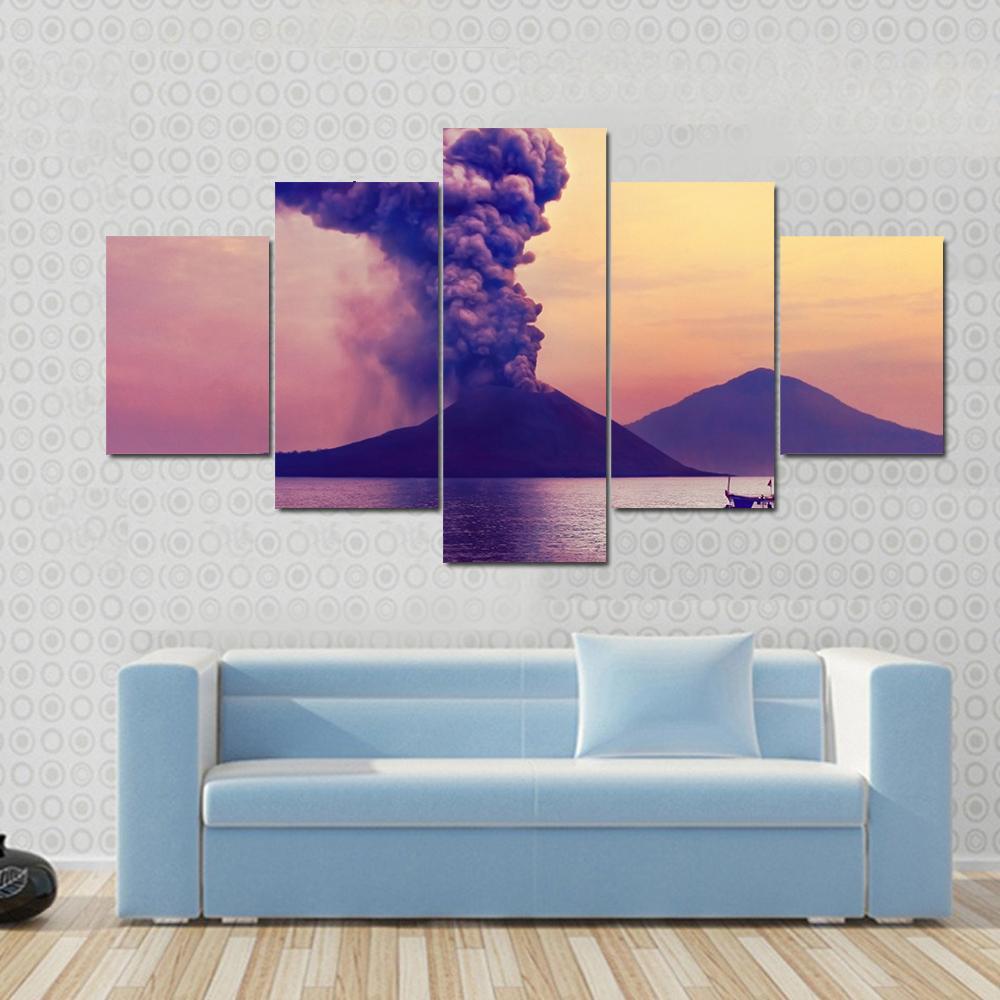 Volcano Eruption Anak Krakatau Indonesia Canvas Wall Art-5 Star-Gallery Wrap-62" x 32"-Tiaracle