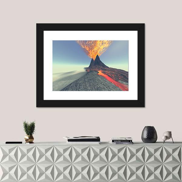 Volcano With Fire Smoke And Lava Canvas Wall Art-1 Piece-Framed Print-20" x 16"-Tiaracle