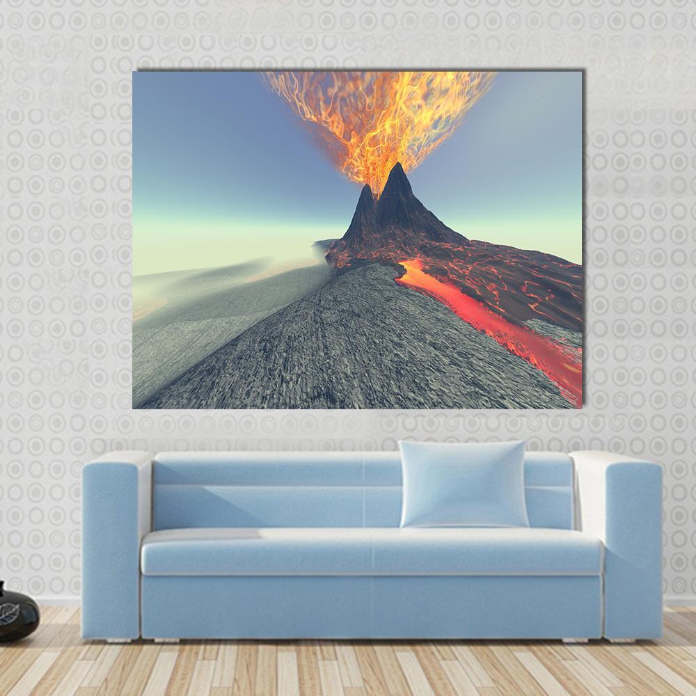 Volcano With Fire Smoke And Lava Canvas Wall Art-1 Piece-Gallery Wrap-48" x 32"-Tiaracle