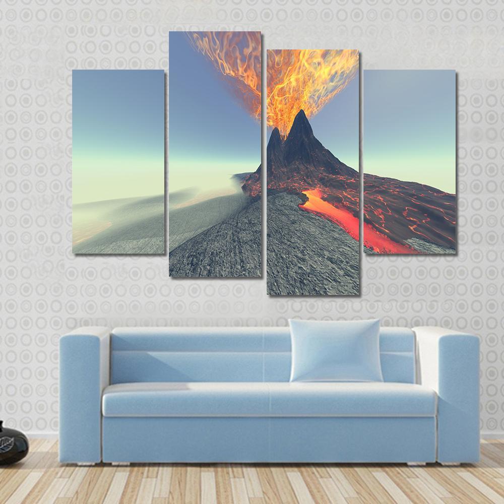 Volcano With Fire Smoke And Lava Canvas Wall Art-4 Pop-Gallery Wrap-50" x 32"-Tiaracle