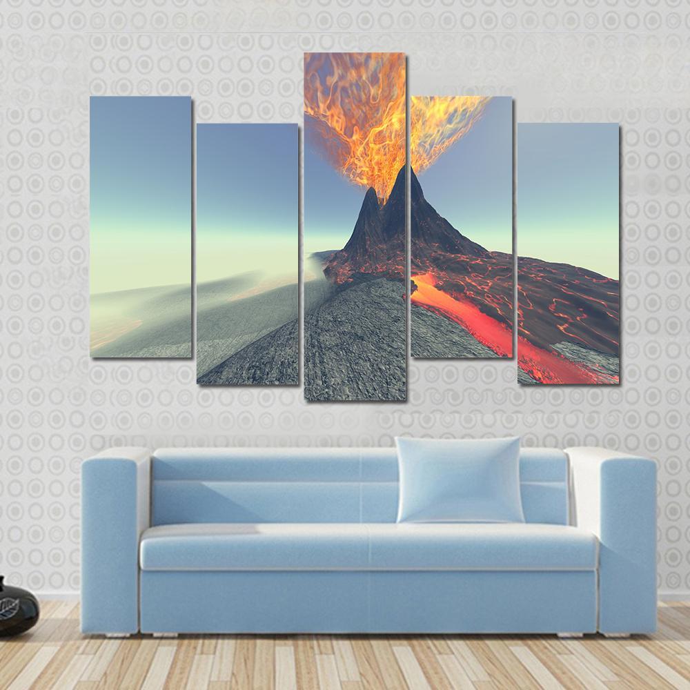 Volcano With Fire Smoke And Lava Canvas Wall Art-5 Pop-Gallery Wrap-47" x 32"-Tiaracle