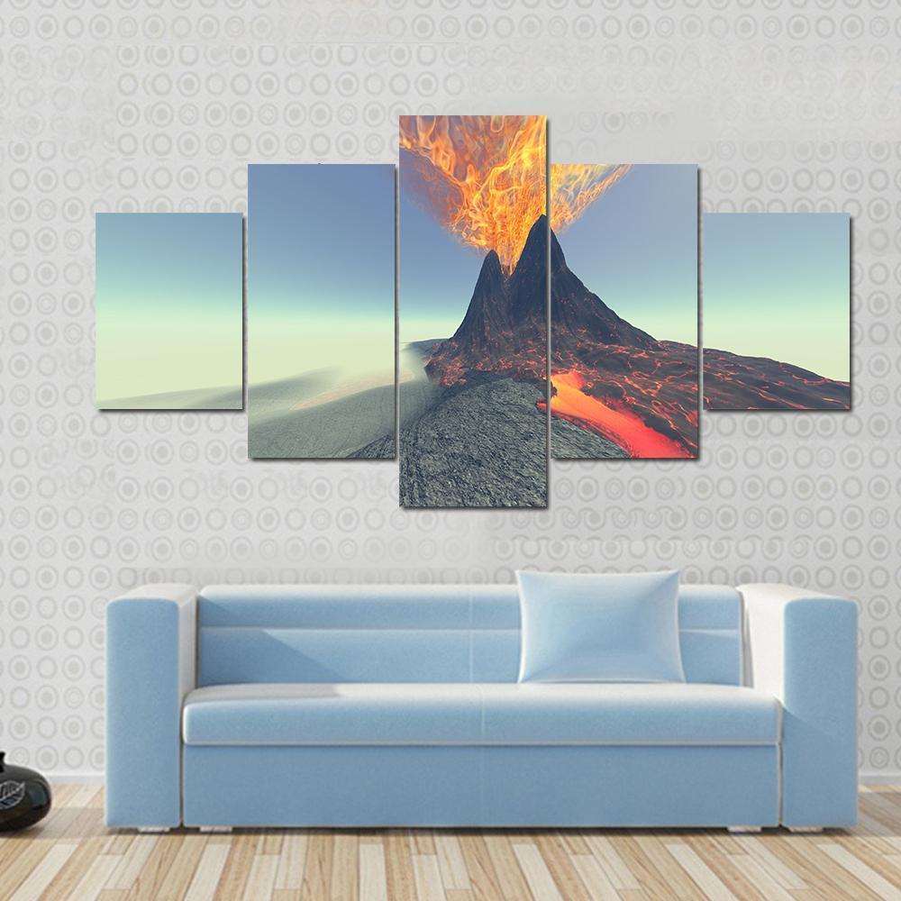 Volcano With Fire Smoke And Lava Canvas Wall Art-5 Star-Gallery Wrap-62" x 32"-Tiaracle