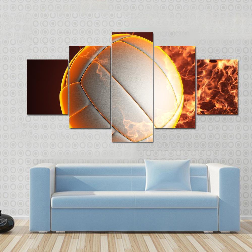 Volleyball Ball In Fire Canvas Wall Art-5 Star-Gallery Wrap-62" x 32"-Tiaracle