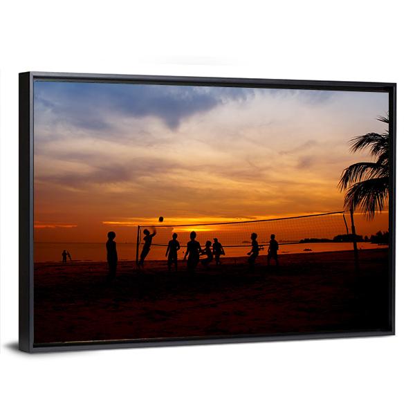 Volleyball Game Player At Silhouette Canvas Wall Art-3 Horizontal-Gallery Wrap-25" x 16"-Tiaracle