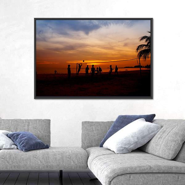 Volleyball Game Player At Silhouette Canvas Wall Art-3 Horizontal-Gallery Wrap-25" x 16"-Tiaracle