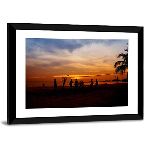 Volleyball Game Player At Silhouette Canvas Wall Art-3 Horizontal-Gallery Wrap-25" x 16"-Tiaracle