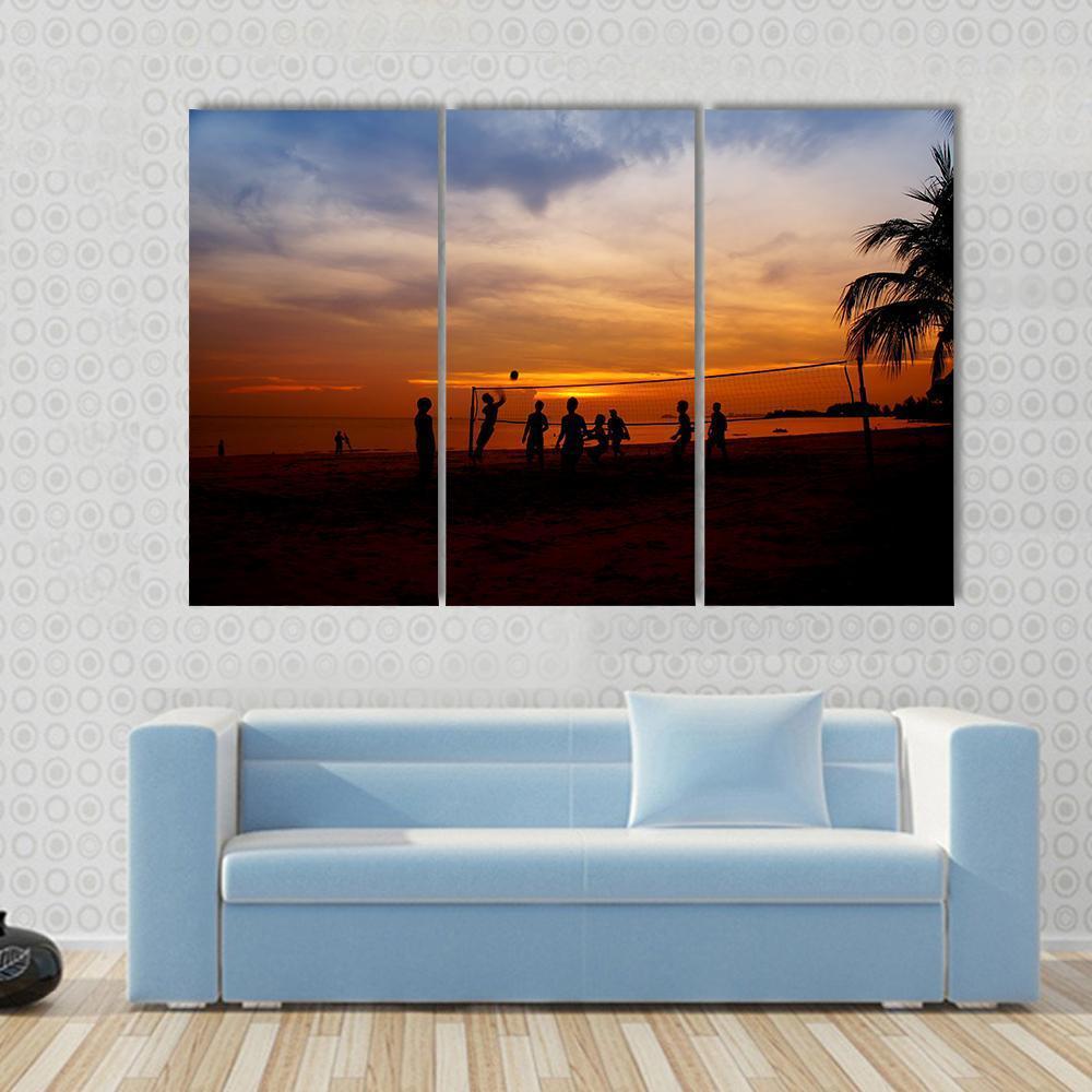 Volleyball Game Player At Silhouette Canvas Wall Art-3 Horizontal-Gallery Wrap-37" x 24"-Tiaracle