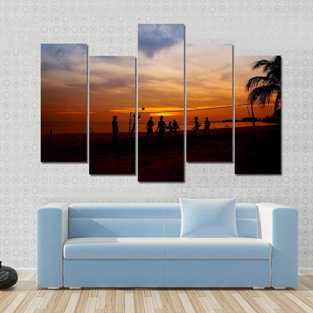 Volleyball Game Player At Silhouette Canvas Wall Art-5 Pop-Gallery Wrap-47" x 32"-Tiaracle