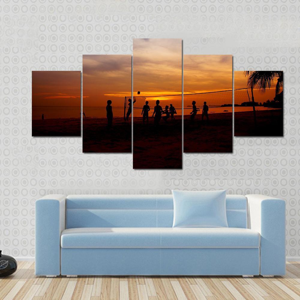 Volleyball Game Player At Silhouette Canvas Wall Art-5 Star-Gallery Wrap-62" x 32"-Tiaracle