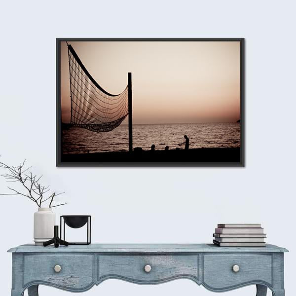 Volleyball Net On Croatian Beach With Sea View Canvas Wall Art-1 Piece-Floating Frame-24" x 16"-Tiaracle