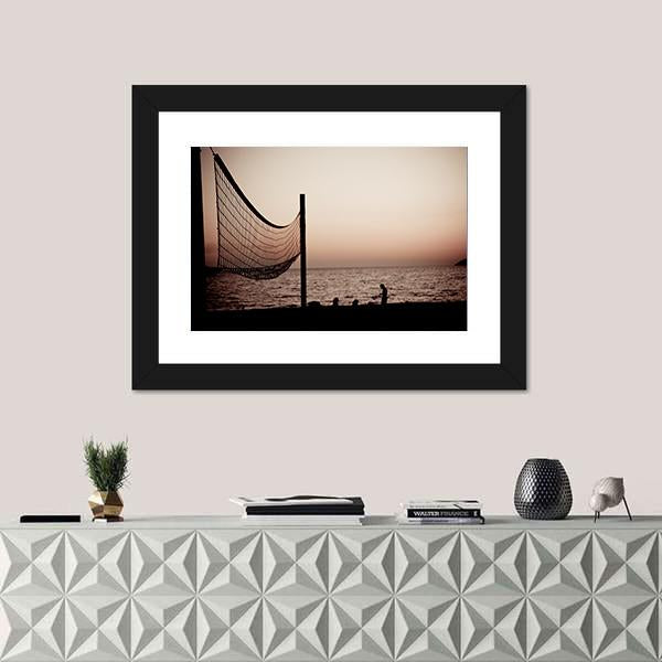 Volleyball Net On Croatian Beach With Sea View Canvas Wall Art-1 Piece-Framed Print-20" x 16"-Tiaracle