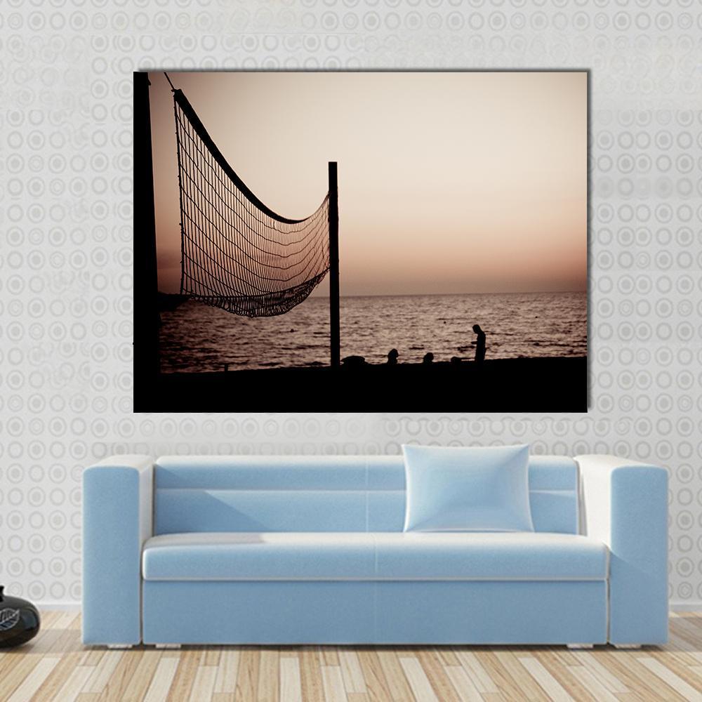 Volleyball Net On Croatian Beach With Sea View Canvas Wall Art-1 Piece-Gallery Wrap-48" x 32"-Tiaracle