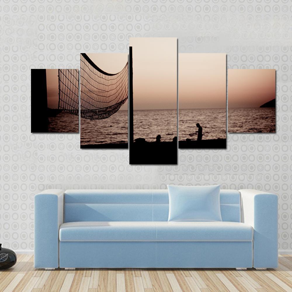 Volleyball Net On Croatian Beach With Sea View Canvas Wall Art-5 Star-Gallery Wrap-62" x 32"-Tiaracle