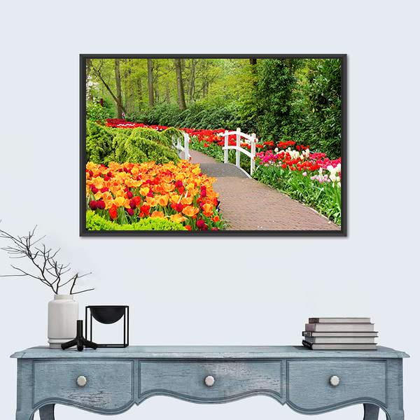 Walkway Through Spring Flowers At Keukenhof Gardens Netherlands Canvas Wall Art-1 Piece-Floating Frame-24" x 16"-Tiaracle