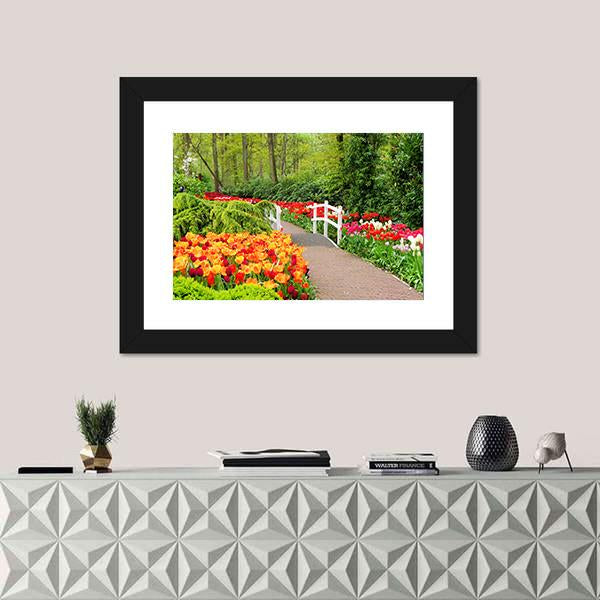 Walkway Through Spring Flowers At Keukenhof Gardens Netherlands Canvas Wall Art-1 Piece-Framed Print-20" x 16"-Tiaracle