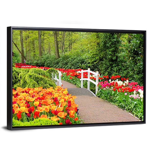 Walkway Through Spring Flowers At Keukenhof Gardens Netherlands Canvas Wall Art-3 Horizontal-Gallery Wrap-25" x 16"-Tiaracle