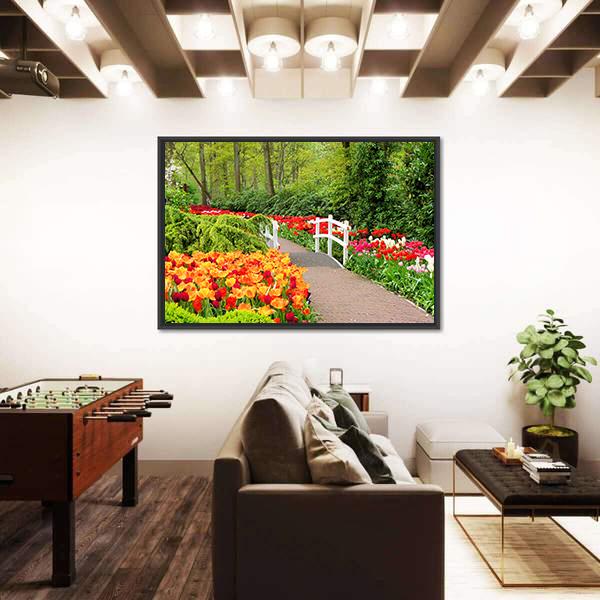 Walkway Through Spring Flowers At Keukenhof Gardens Netherlands Canvas Wall Art-3 Horizontal-Gallery Wrap-25" x 16"-Tiaracle