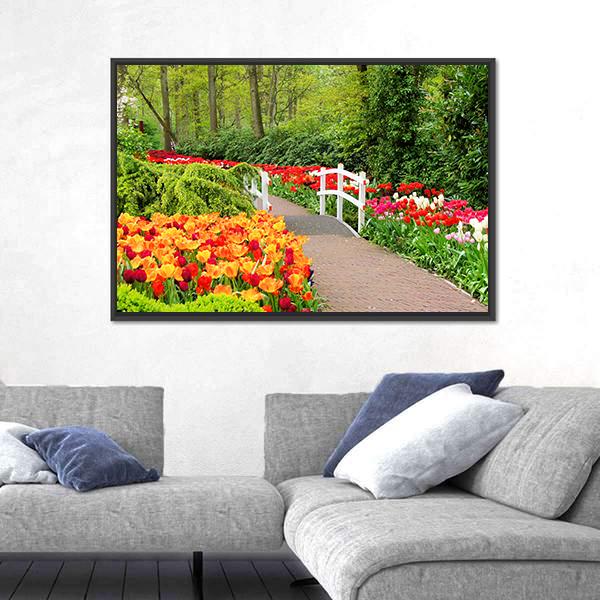 Walkway Through Spring Flowers At Keukenhof Gardens Netherlands Canvas Wall Art-3 Horizontal-Gallery Wrap-25" x 16"-Tiaracle