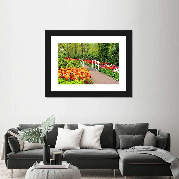 Walkway Through Spring Flowers At Keukenhof Gardens Netherlands Canvas Wall Art-3 Horizontal-Gallery Wrap-25" x 16"-Tiaracle