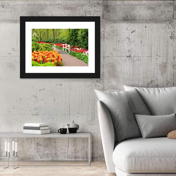 Walkway Through Spring Flowers At Keukenhof Gardens Netherlands Canvas Wall Art-3 Horizontal-Gallery Wrap-25" x 16"-Tiaracle