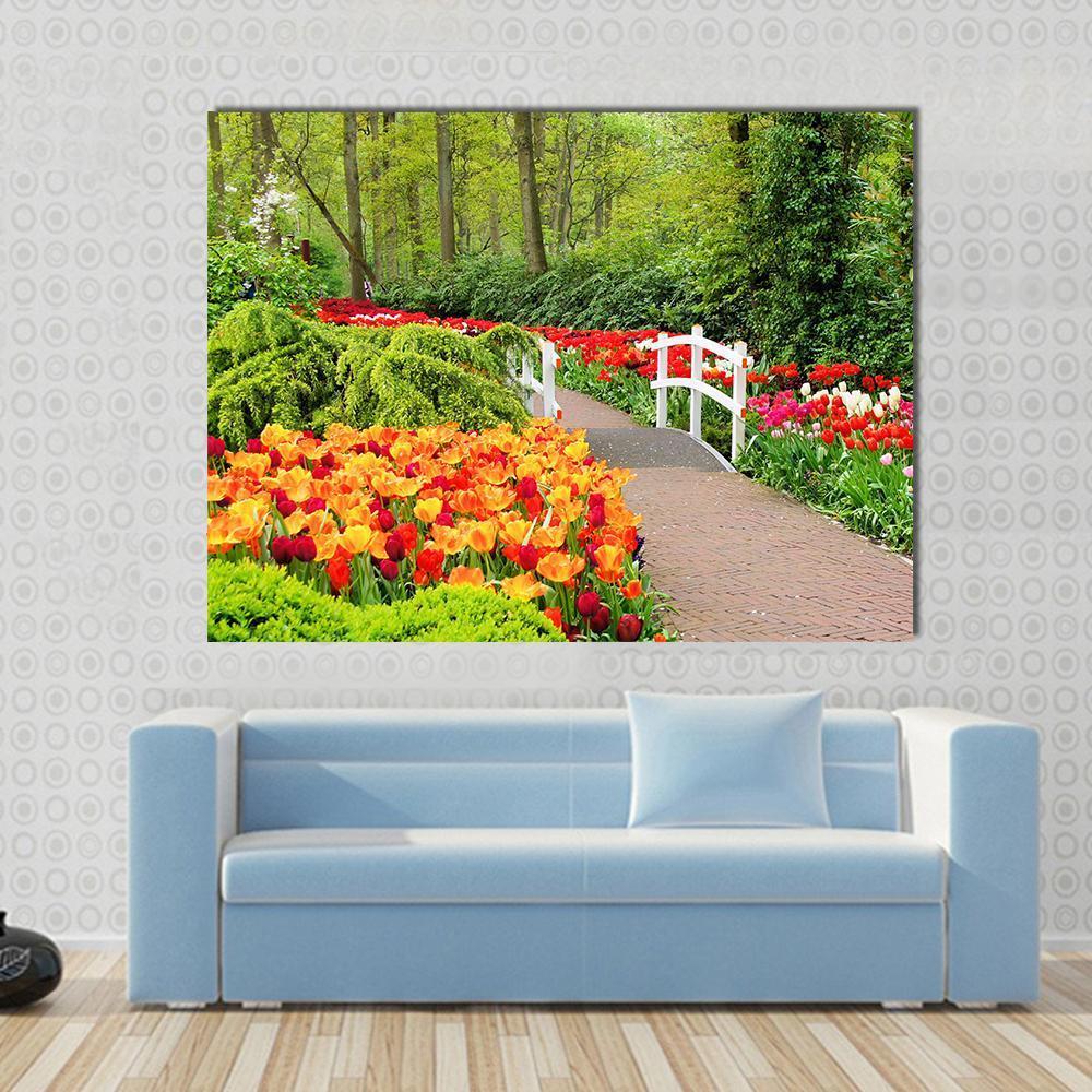 Walkway Through Spring Flowers At Keukenhof Gardens Netherlands Canvas Wall Art-1 Piece-Gallery Wrap-48" x 32"-Tiaracle