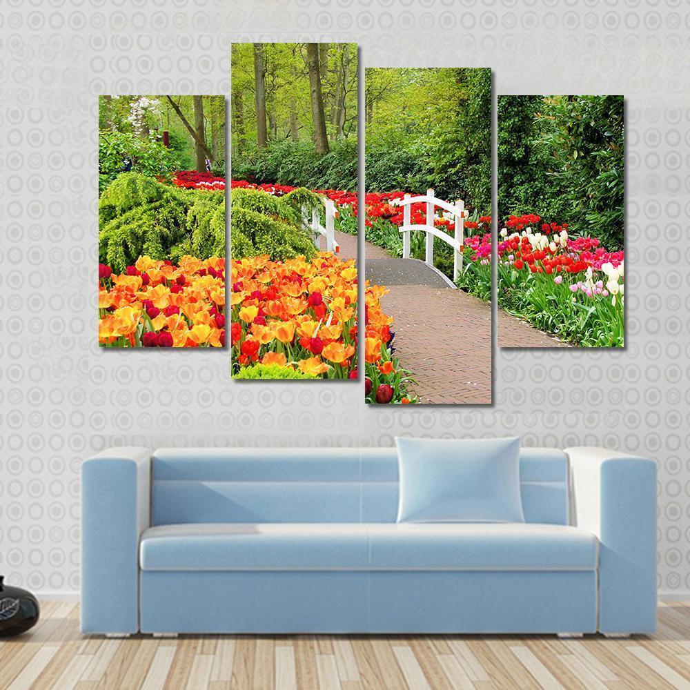 Walkway Through Spring Flowers At Keukenhof Gardens Netherlands Canvas Wall Art-4 Pop-Gallery Wrap-50" x 32"-Tiaracle