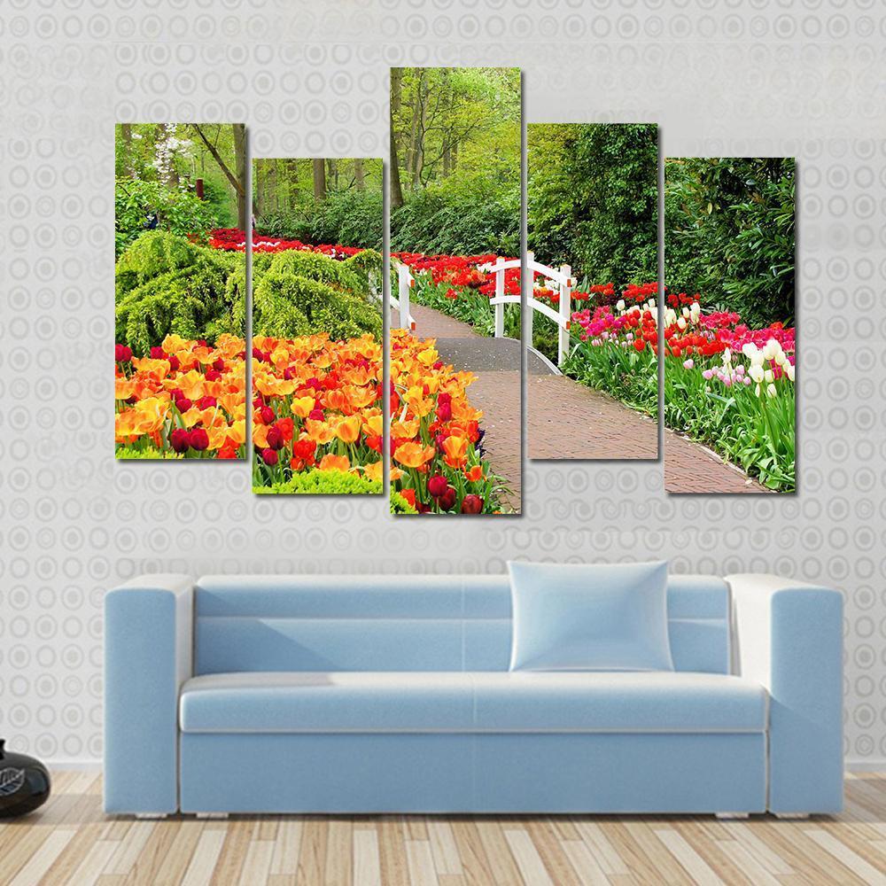 Walkway Through Spring Flowers At Keukenhof Gardens Netherlands Canvas Wall Art-5 Pop-Gallery Wrap-47" x 32"-Tiaracle