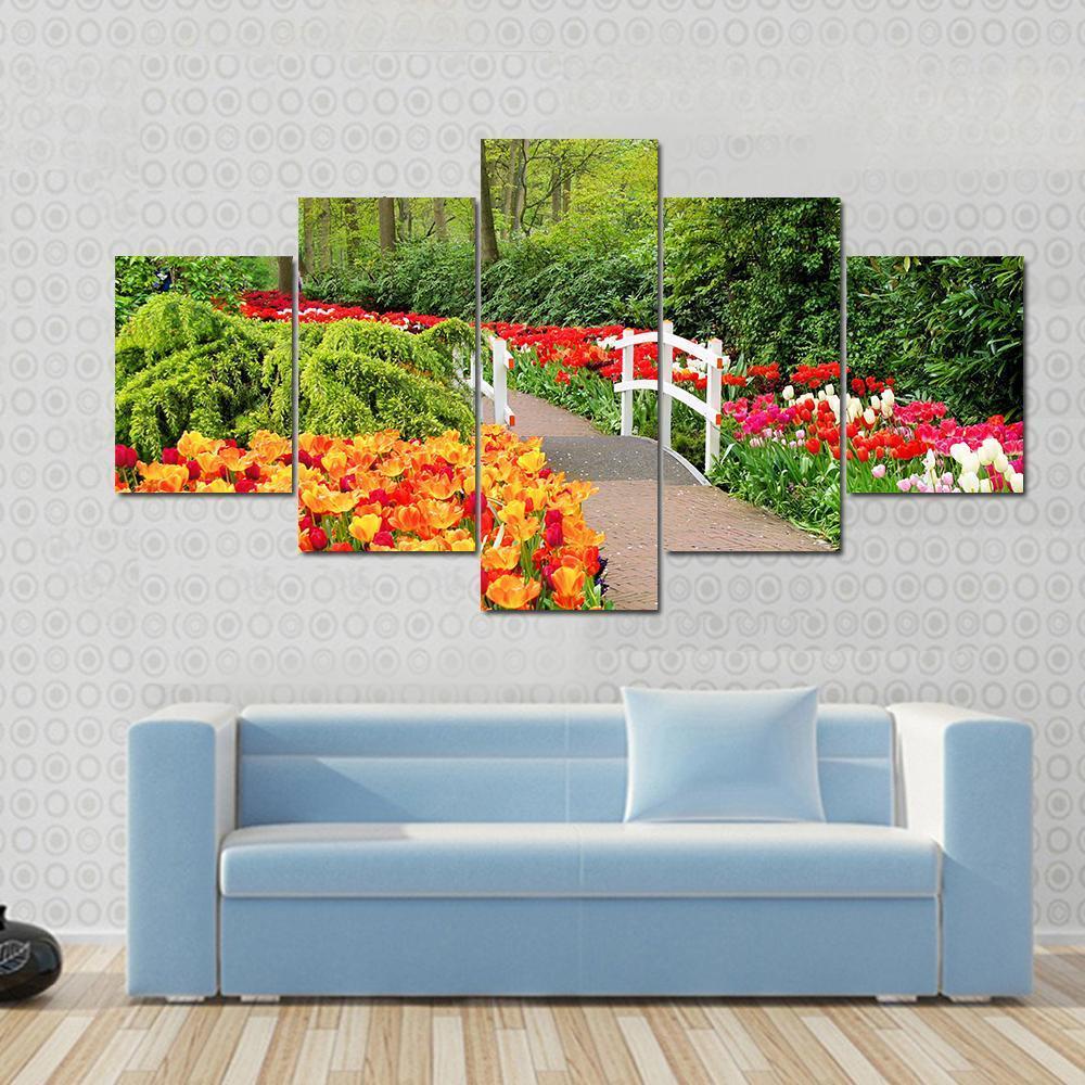 Walkway Through Spring Flowers At Keukenhof Gardens Netherlands Canvas Wall Art-5 Star-Gallery Wrap-62" x 32"-Tiaracle