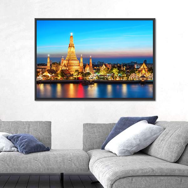 Wat Arun Night View Canvas Wall Art-3 Horizontal-Gallery Wrap-25" x 16"-Tiaracle