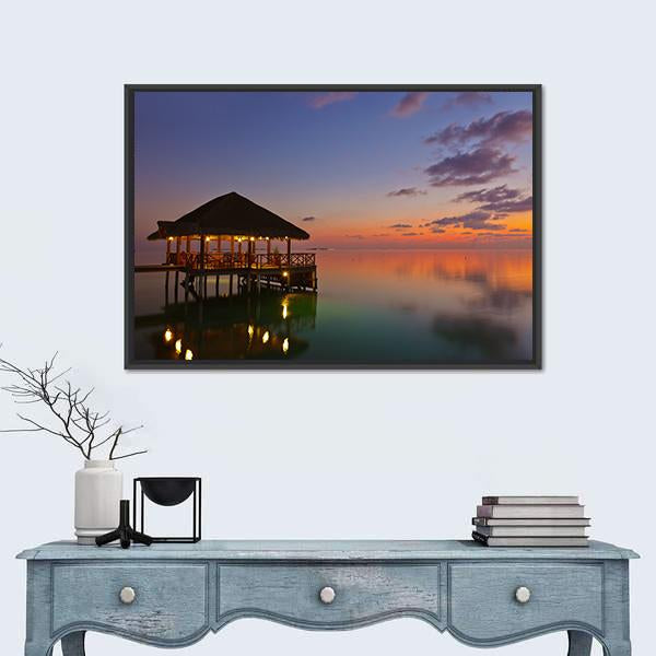 Water Cafe At Sunset Canvas Wall Art-1 Piece-Floating Frame-24" x 16"-Tiaracle