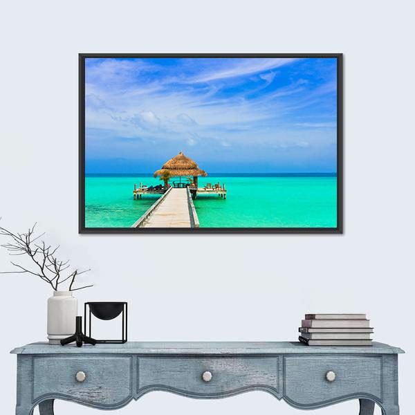 Water Cafe On Beach And Pathway Canvas Wall Art-1 Piece-Floating Frame-24" x 16"-Tiaracle