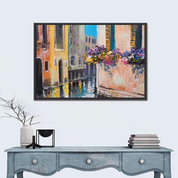 Watercolor Canal In Venice Italy Canvas Wall Art-1 Piece-Floating Frame-24" x 16"-Tiaracle