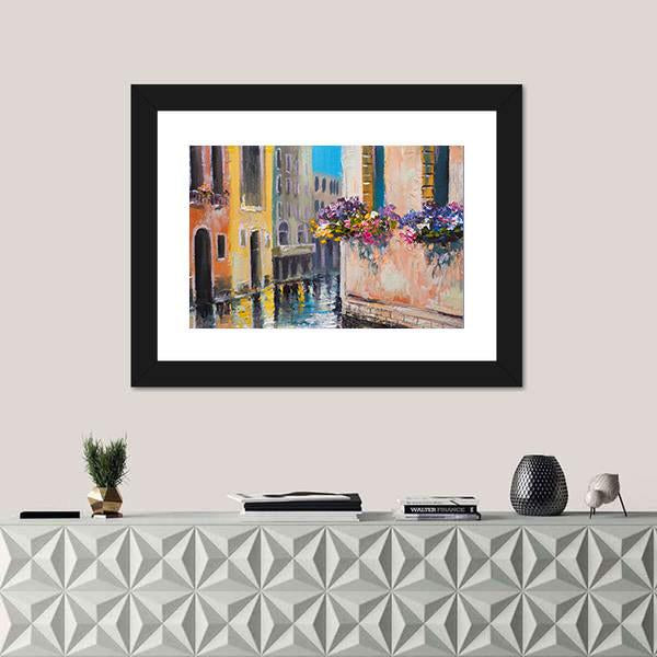 Watercolor Canal In Venice Italy Canvas Wall Art-1 Piece-Framed Print-20" x 16"-Tiaracle