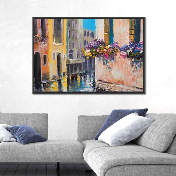 Watercolor Canal In Venice Italy Canvas Wall Art-3 Horizontal-Gallery Wrap-25" x 16"-Tiaracle