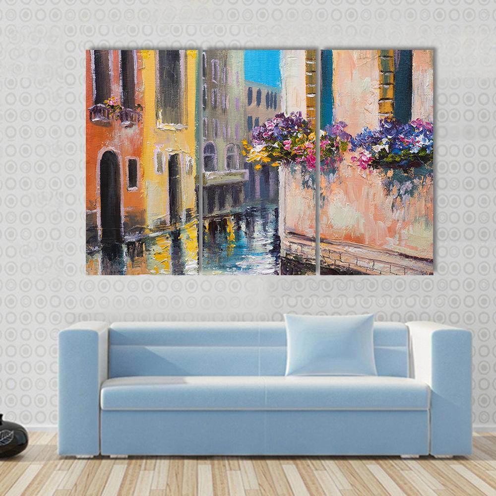 Watercolor Canal In Venice Italy Canvas Wall Art-3 Horizontal-Gallery Wrap-37" x 24"-Tiaracle