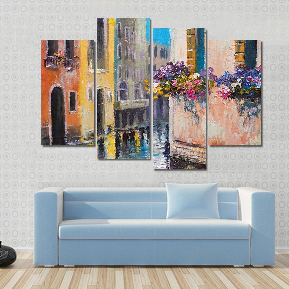 Watercolor Canal In Venice Italy Canvas Wall Art-4 Pop-Gallery Wrap-50" x 32"-Tiaracle