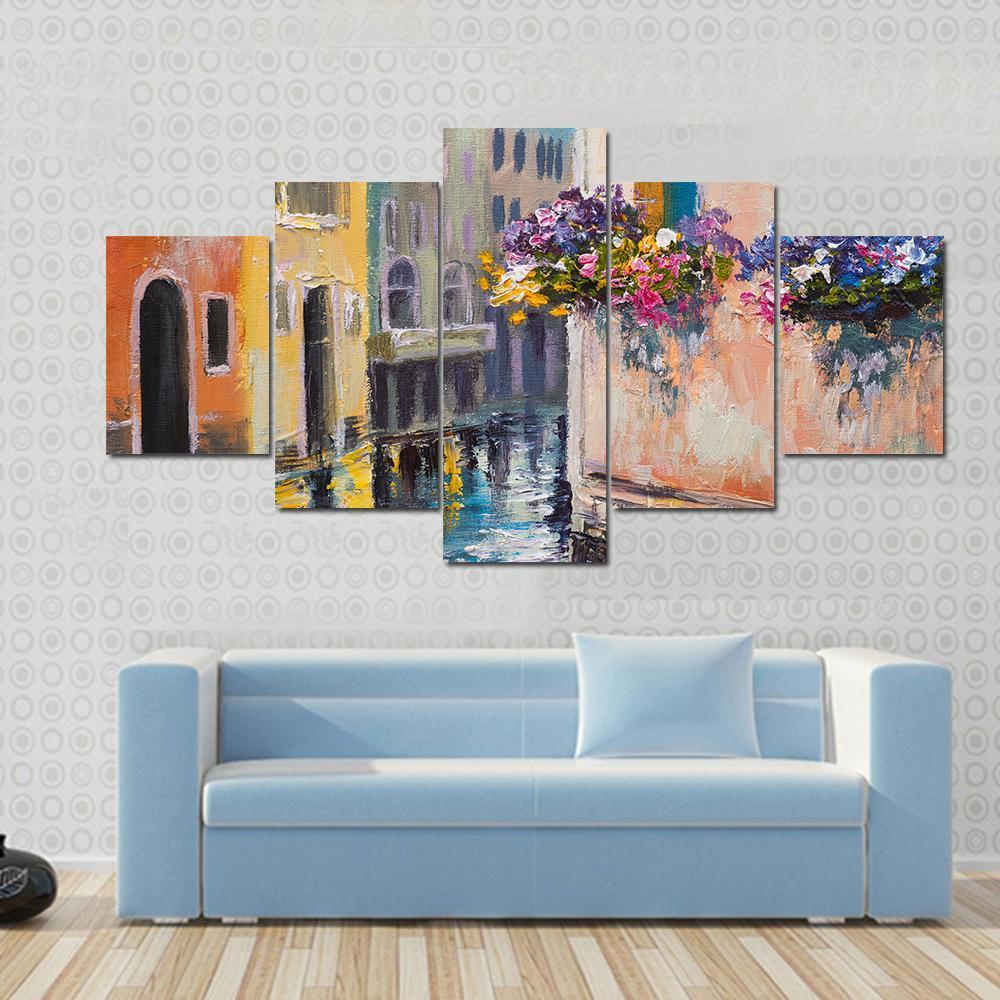 Watercolor Canal In Venice Italy Canvas Wall Art-5 Star-Gallery Wrap-62" x 32"-Tiaracle